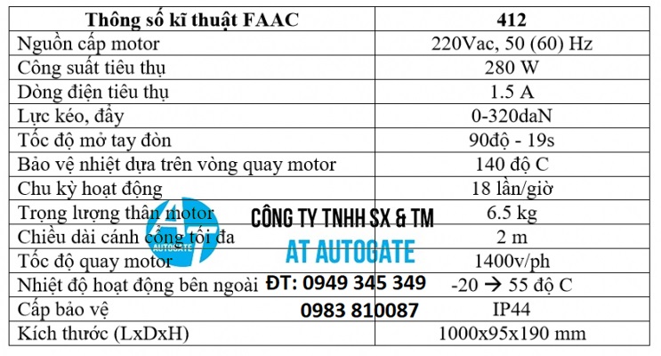 thông số mô tơ cổng mở cánh tay đòn tự động faac 412